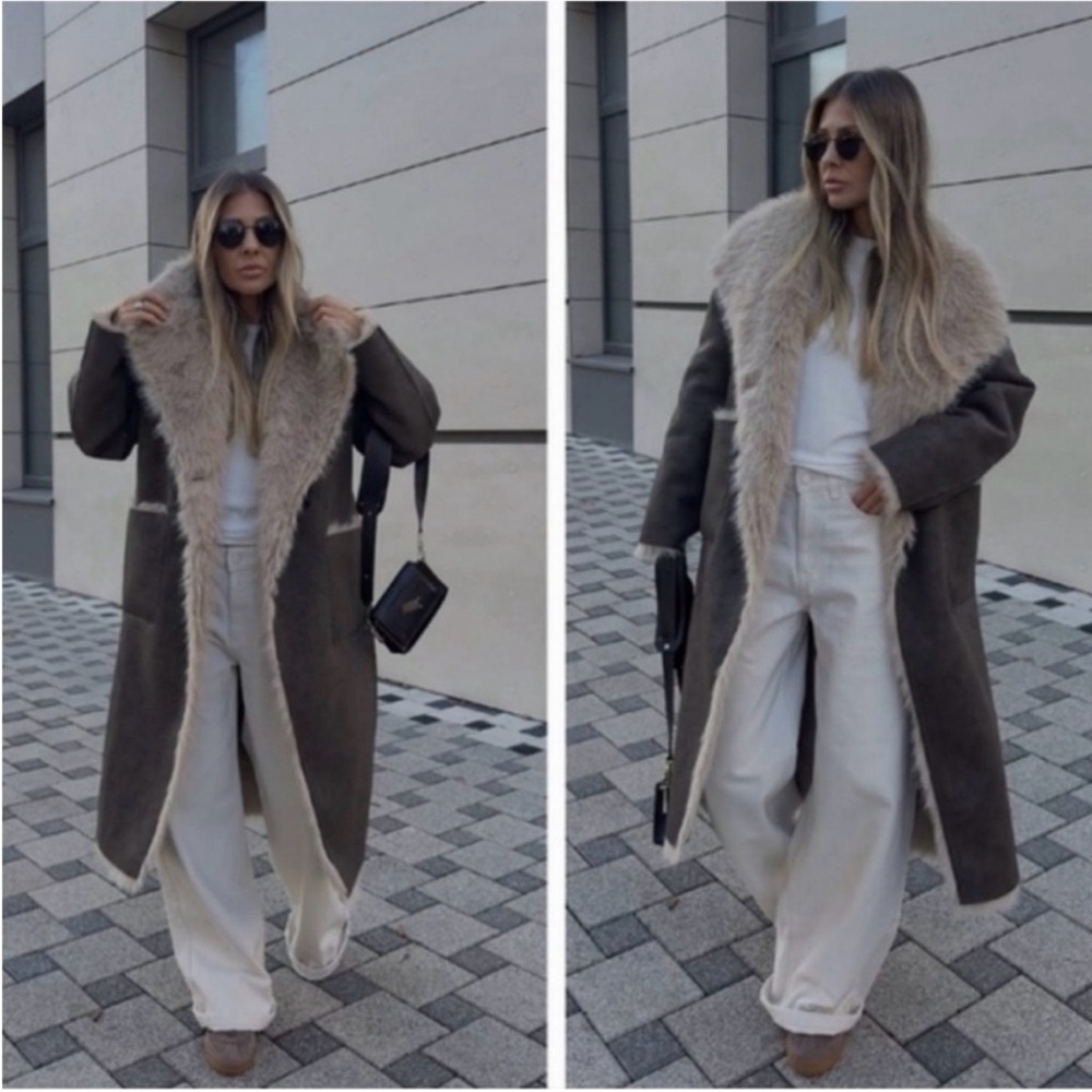 NWOT Zara Double-Sided Reversible Long Coat Faux Suede Fur Brown Taupe | XS